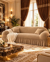 Champagne Royale Turkish sofa cover in champagne beige with textured fabric, matching cushions and pleated skirt in a luxurious living room.