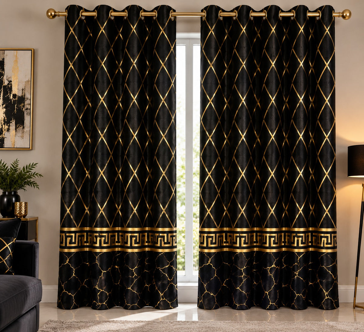🖤 Royal Black Gold Geometric Curtain