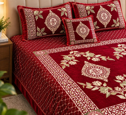 👑 Royal Garnet Heritage — Jacquard Velvet Bedsheet Set