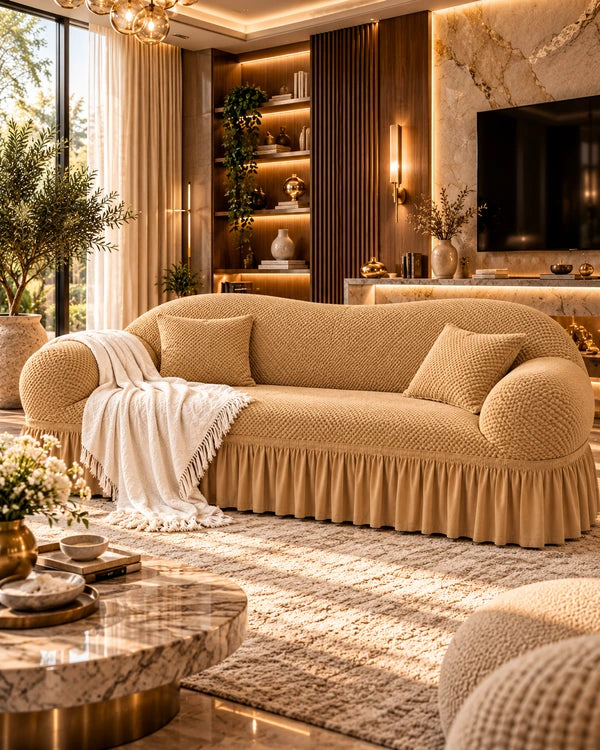 Beige Turkish sofa cover with textured fabric, matching cushions and pleated skirt in a luxurious modern living room.