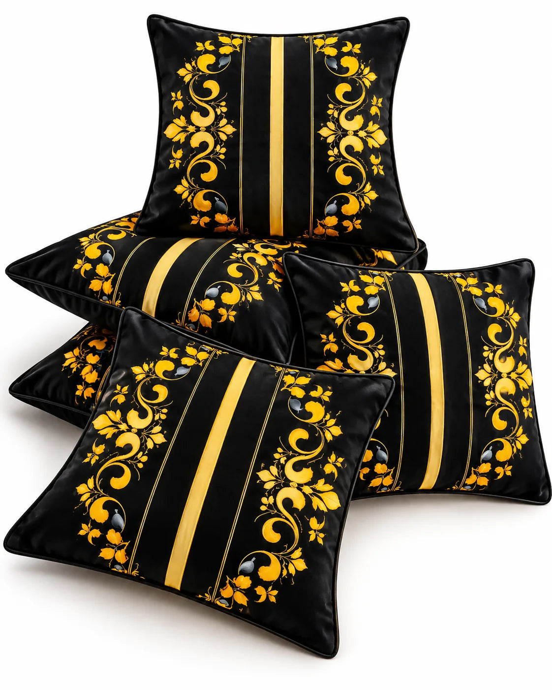 Black cushion covers with golden floral scrollwork, vertical gold stripes and elegant ornamental detailing.