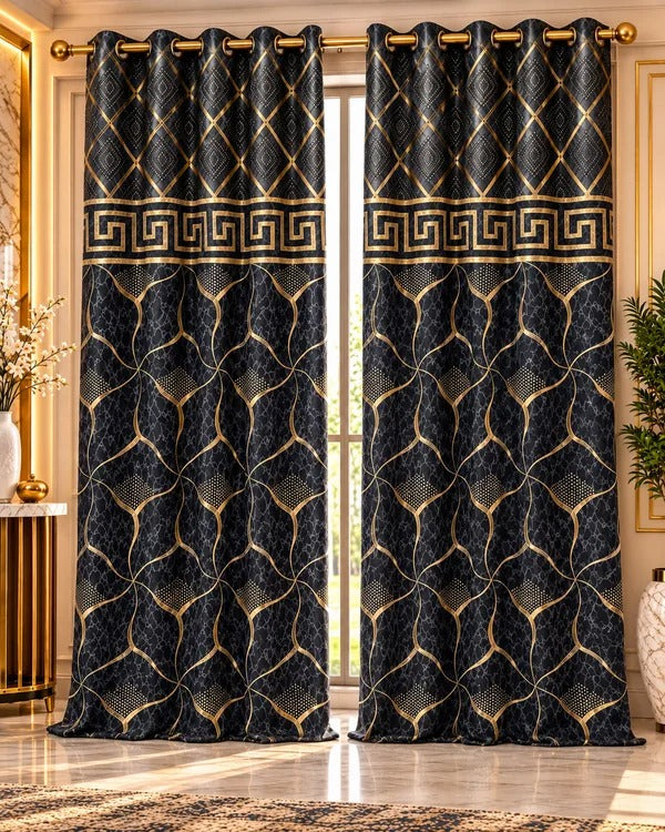 Black luxury curtains with gold geometric lattice and Greek-key border in an elegant interior.