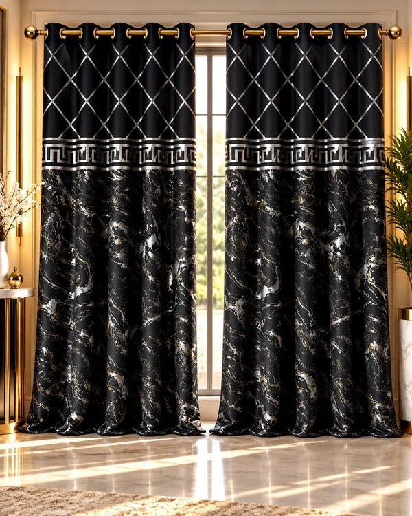 Black and silver luxury curtains with a diamond lattice pattern, Greek-key border and marble-inspired print.