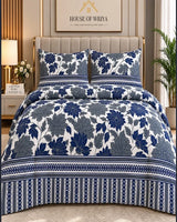 Blue floral bedsheet with elegant botanical print by House of Wriya