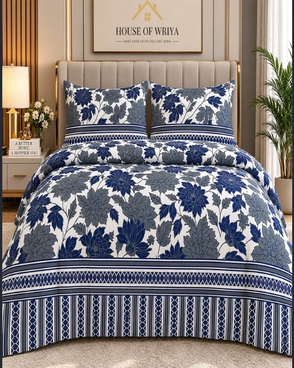 Blue floral bedsheet with elegant botanical print by House of Wriya