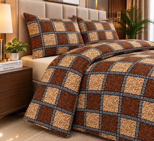 Brown patchwork bedsheet set with geometric floral patterns and matching pillow covers 
