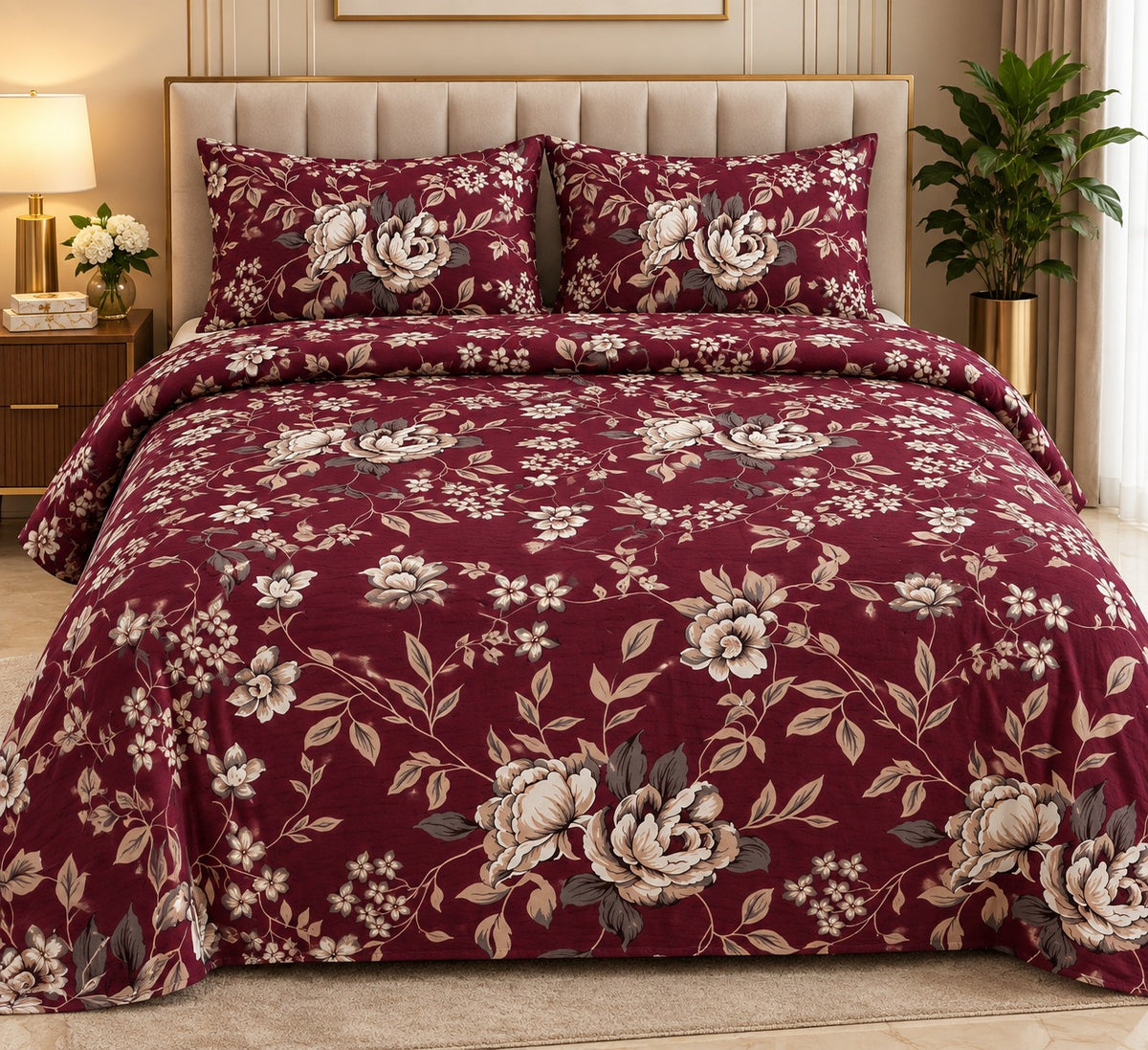 Burgundy floral bedsheet set with elegant rose and botanical print styled on a luxury bedroom