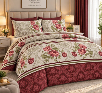 Burgundy floral bedsheet set with rose print and matching pillow covers styled on a luxury bedroom