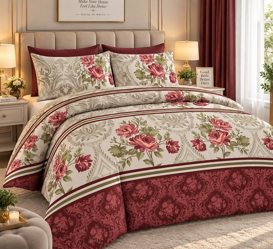 Burgundy floral bedsheet set with rose print and matching pillow covers styled on a luxury bedroom