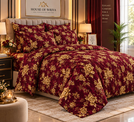 Burgundy floral cotton bedsheet set with golden flower print and matching pillow covers 