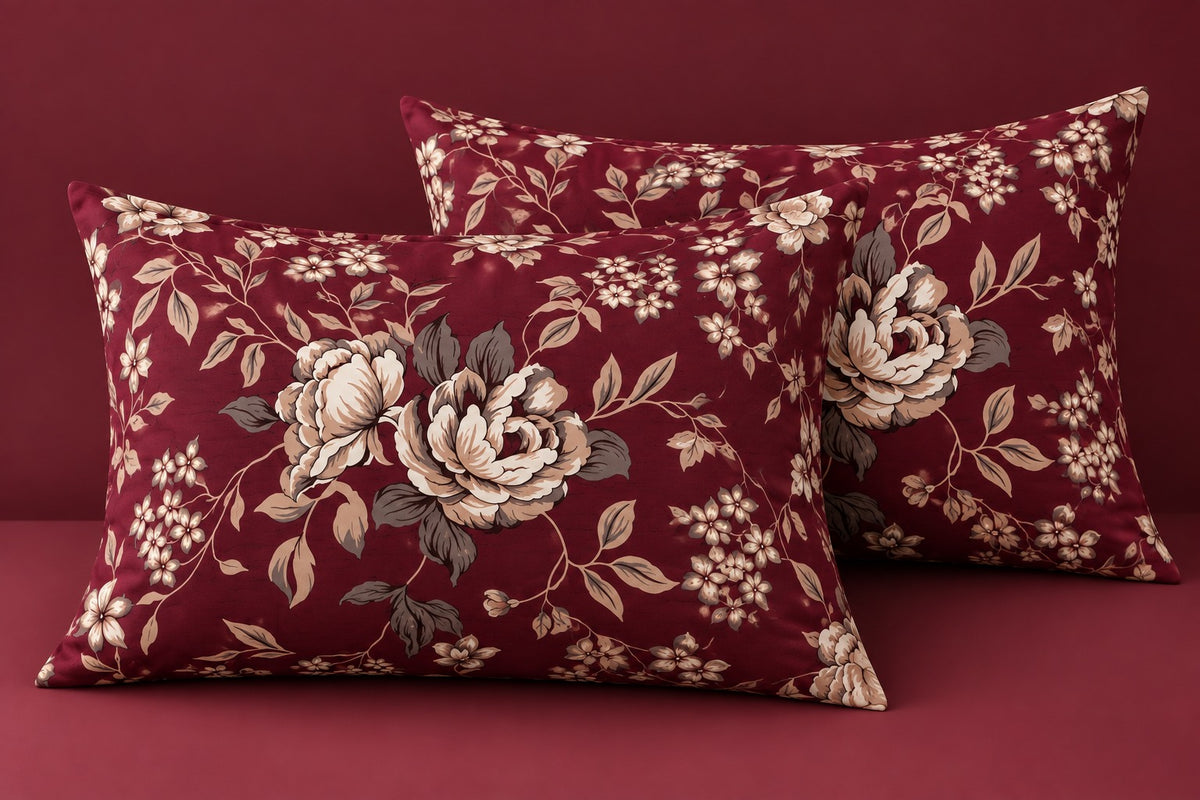 Burgundy floral pillow covers set of 2 with elegant rose and botanical print