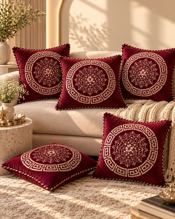 Burgundy cushion covers featuring intricate gold floral medallions, Greek-key borders and decorative piping on a cream sofa.