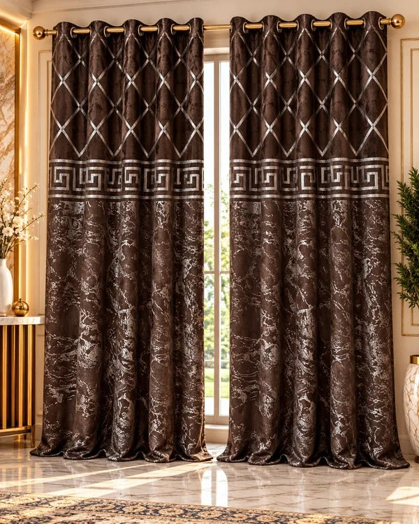 Chocolate brown curtains with silver diamond lattice, Greek-key border and marble-inspired detailing.