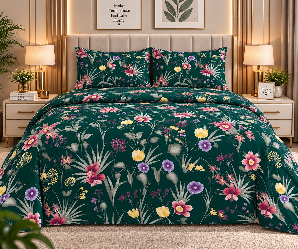 Dark green floral bedsheet set with colorful flower print and matching pillow covers styled on a luxury bedroom
