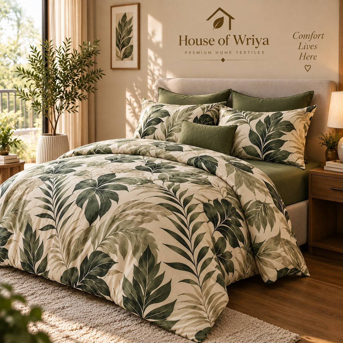 Green leaf print bedsheet set with botanical design and matching cushion covers 