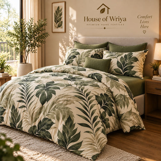 Green leaf print bedsheet set with botanical design and matching cushion covers 