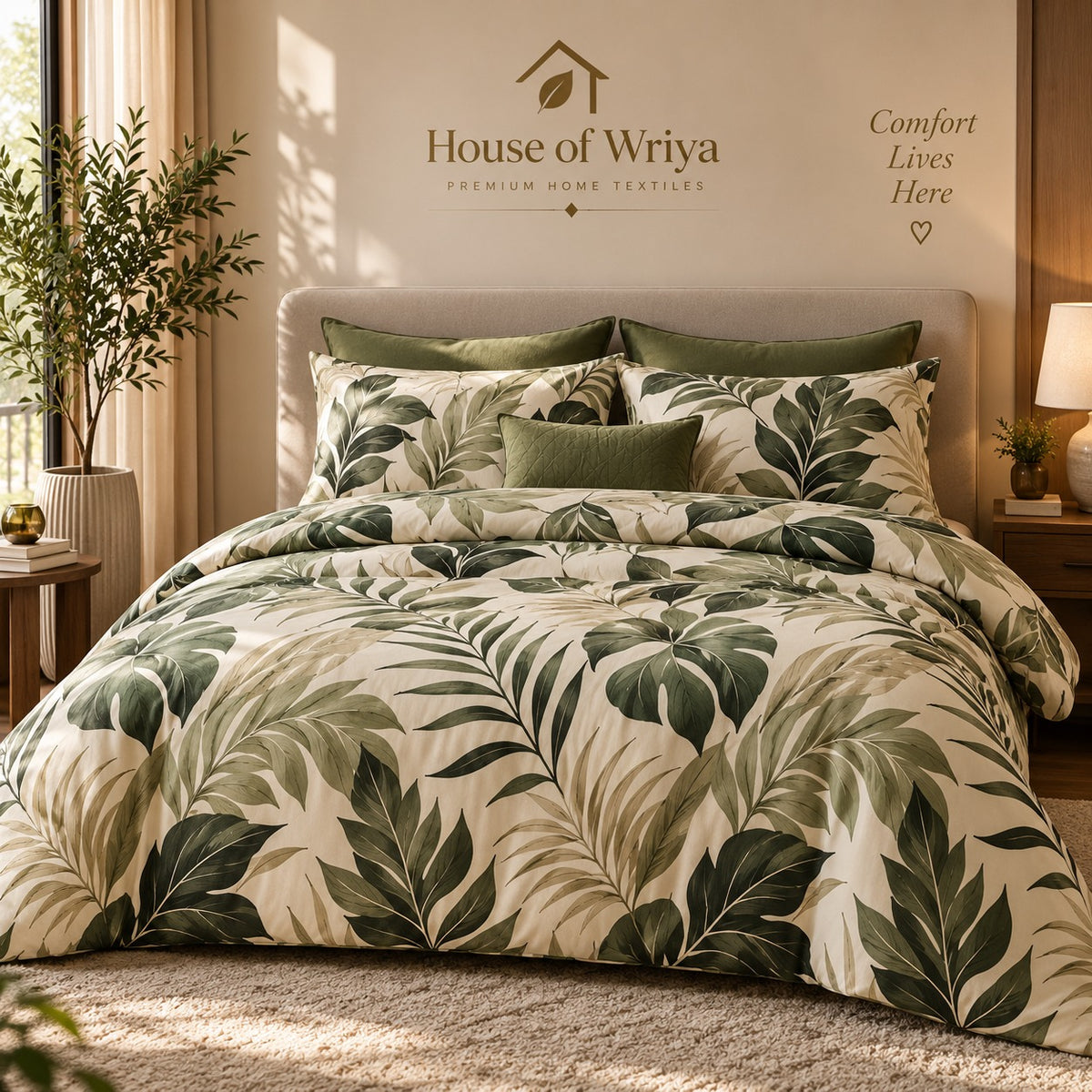 Green leaf print bedsheet set with botanical design and matching cushion covers styled on a luxury bedroom