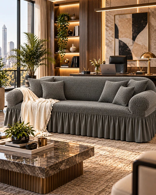 Grey Turkish sofa cover with textured fabric, matching cushions and pleated skirt in a luxurious modern office-style living room.