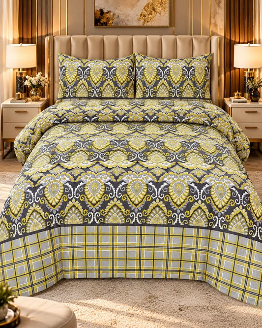 Grey and yellow floral printed bedsheet with elegant traditional pattern by House of Wriya