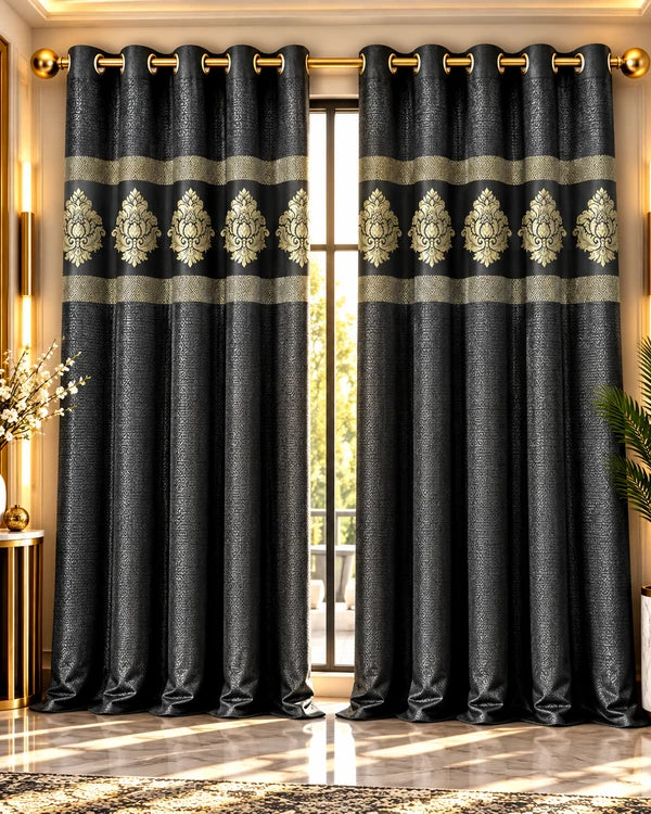 Black and gold luxury damask curtains with elegant floral design