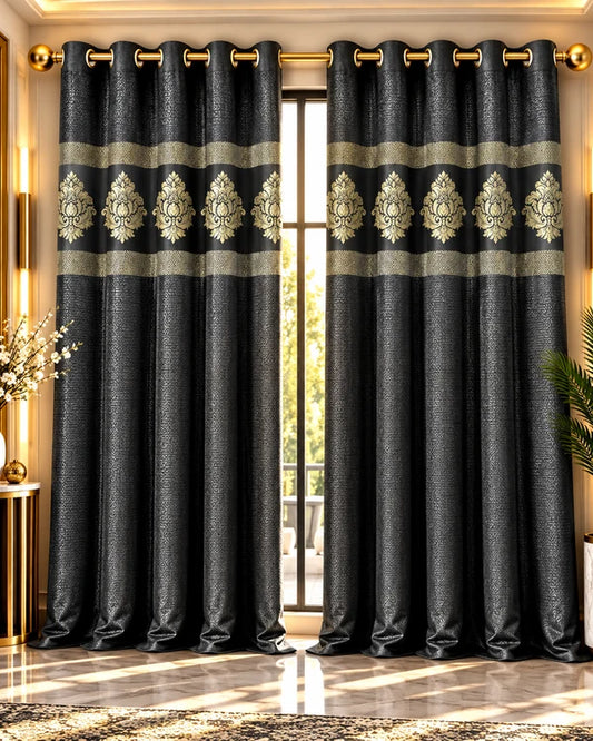 Black and gold luxury damask curtains with elegant floral design