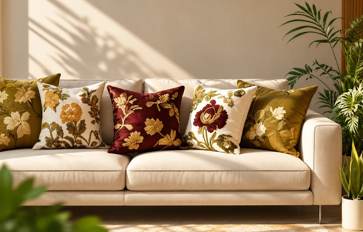Luxury floral embroidered cushion covers in burgundy, mustard and ivory on a cream sofa by House of Wriya.