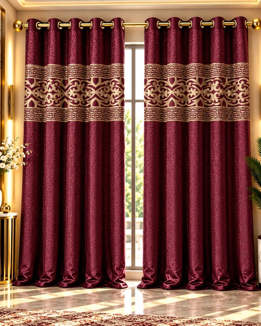 Burgundy and gold luxury curtains with elegant geometric floral pattern