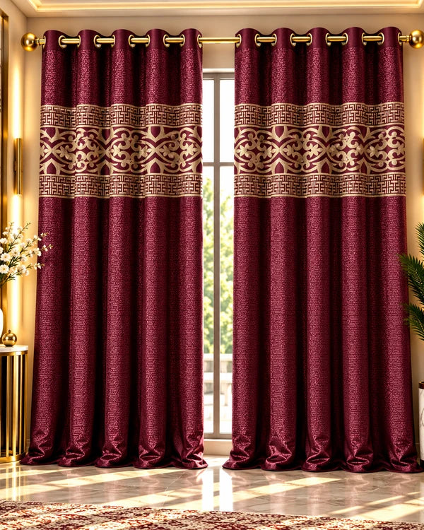 Burgundy and gold luxury curtains with elegant floral and Greek key pattern