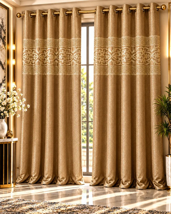 Golden beige luxury curtains with elegant Greek key and floral pattern