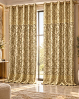 Golden beige luxury curtains with elegant floral and Greek key pattern