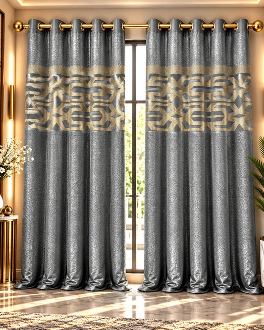 Grey and gold luxury curtains with elegant geometric pattern