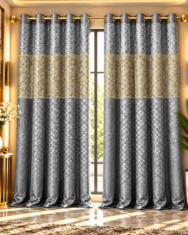 Grey and gold geometric pattern luxury curtains with elegant floor-length draping