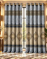 Grey and gold luxury curtains with elegant ornamental and geometric patterns