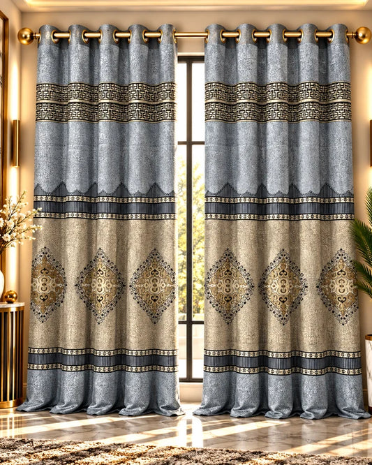 Grey and gold luxury curtains with elegant ornamental and geometric patterns