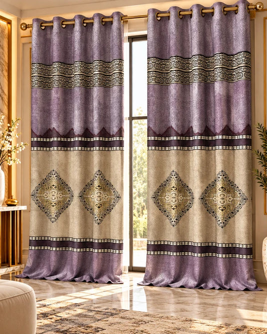 Grey and gold luxury curtains with elegant ornamental and geometric patterns