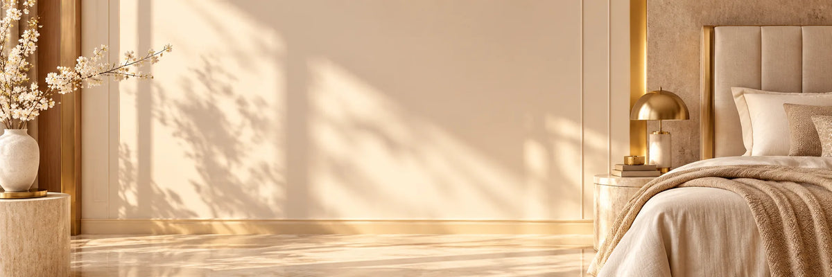 A warm, modern bedroom scene with a neatly made bed, soft beige bedding, a gold bedside lamp, and sunlight casting leafy shadows across a cream wall and wooden floor.