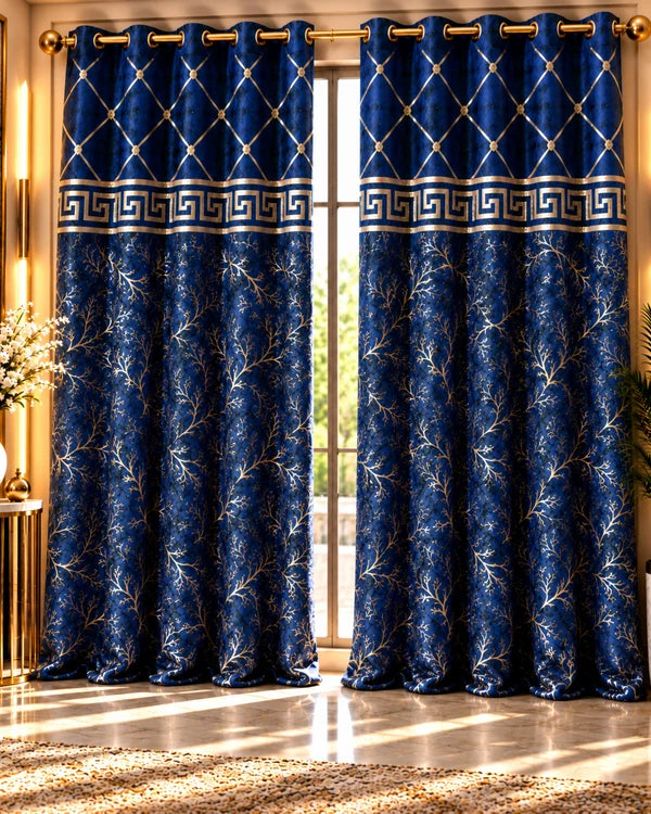 Navy blue and gold luxury curtains with geometric and botanical patterns