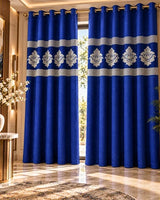 Royal blue and silver luxury curtains with elegant floral motifs
