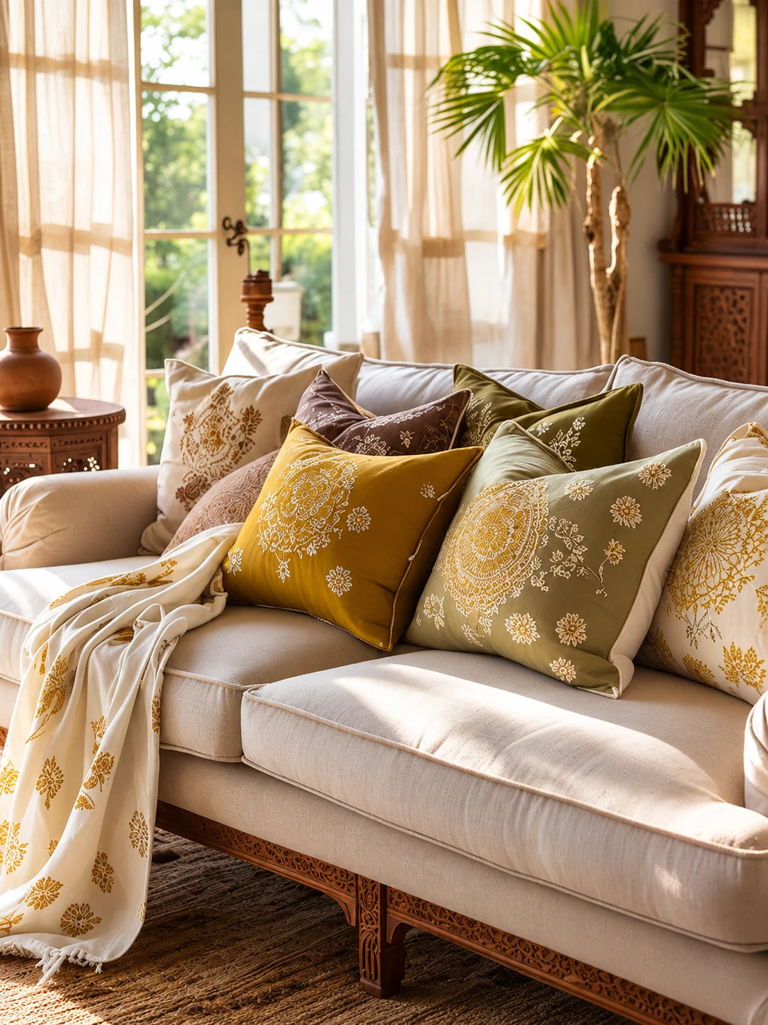 Luxury embroidered cushion covers on a beige sofa with golden floral patterns by House of Wriya.