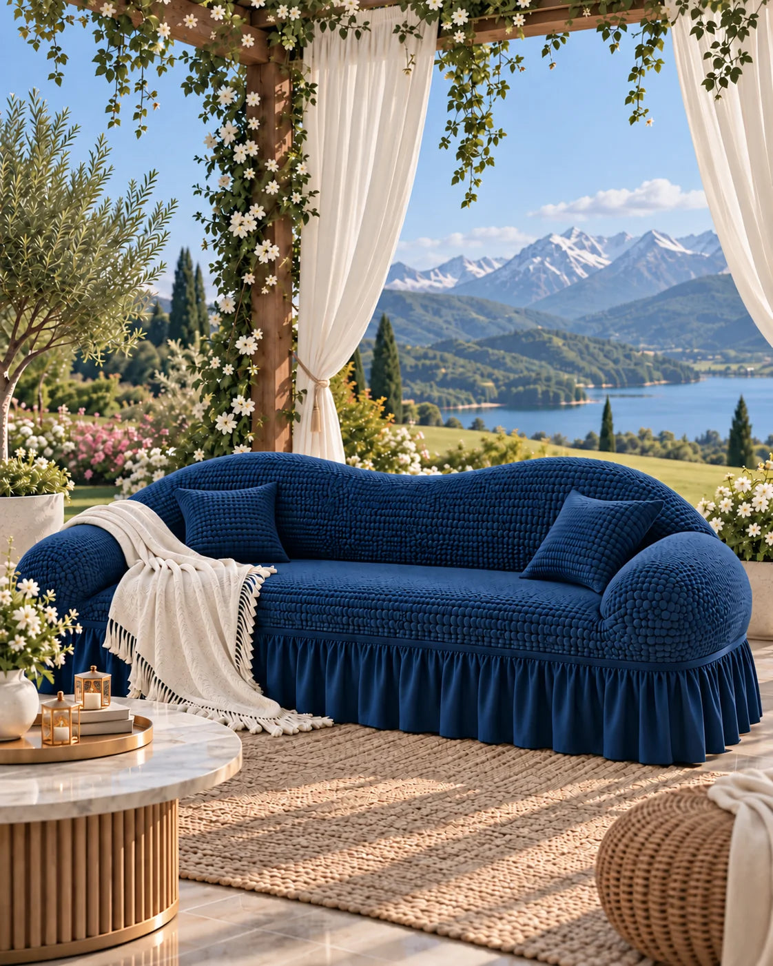 Navy blue Turkish sofa cover with matching cushions in an elegant outdoor lounge