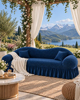 Navy blue Turkish sofa cover with matching cushions in an elegant outdoor lounge