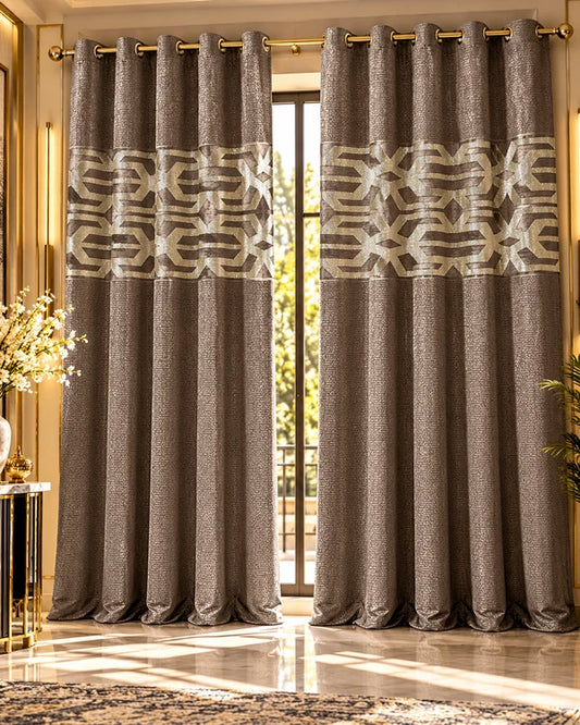 Taupe and gold luxury curtains with elegant geometric pattern
