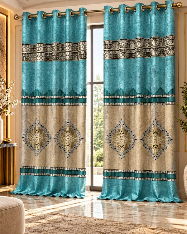 Turquoise and gold luxury curtains with elegant geometric and ornamental patterns