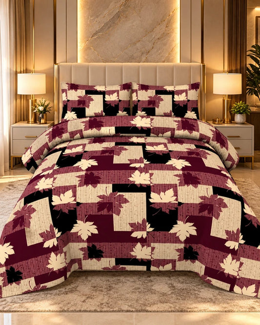 Maroon and beige leaf print bedsheet with modern floral design by House of Wriya