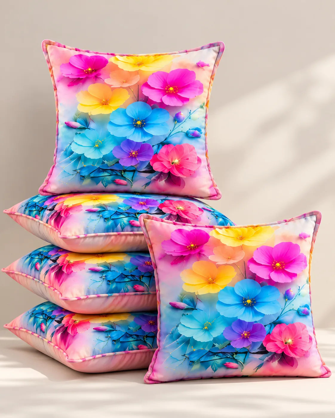 Multicolour floral cushion covers featuring pink, blue, yellow and purple flowers with pink piping on a light background.