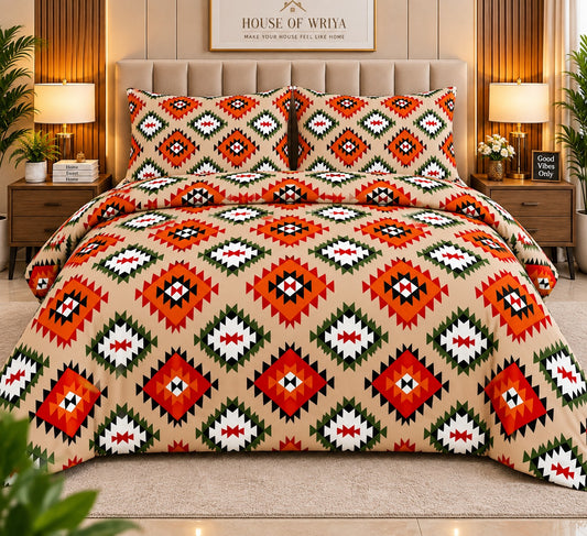 Multicolor geometric bedsheet set with vibrant diamond pattern and matching pillow covers styled on a luxury bedroom