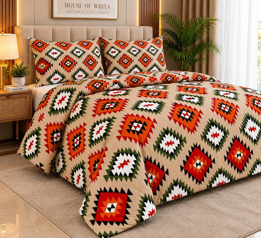 Multicolor geometric bedsheet set with vibrant diamond pattern and matching pillow covers 