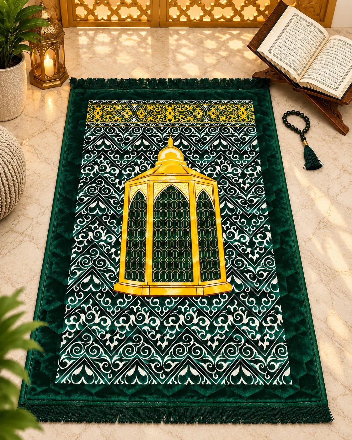  Mushk-e-Jannat emerald green Janamaz with golden Mehrab design and white ornamental patterns by House of Wriya.