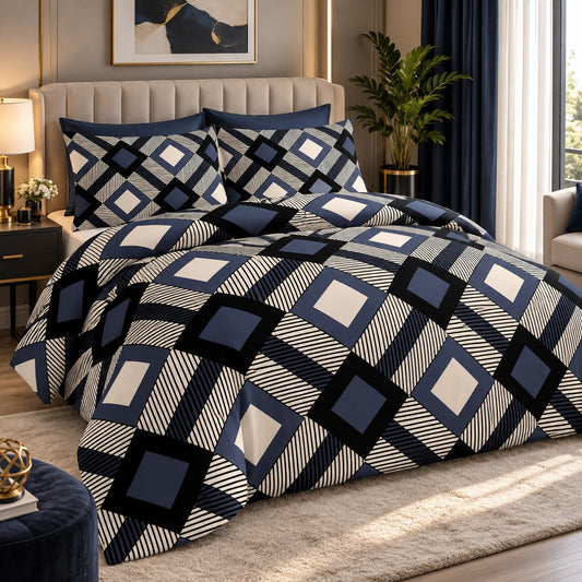 Navy blue geometric bedsheet set with modern square and striped pattern and matching pillow covers styled on a luxury bedroom