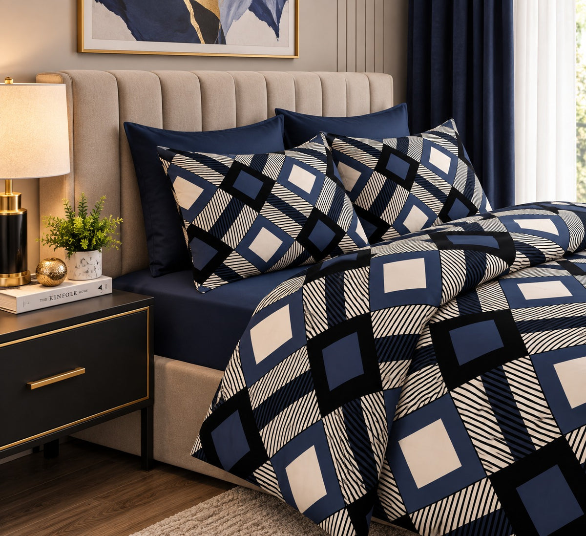 Navy blue king size bedsheet set with modern geometric square pattern and matching pillow covers styled on a luxury bedroom